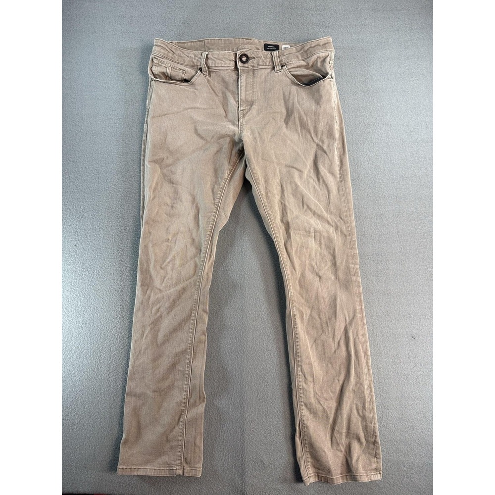 Volcom Vorta Jeans Mens 36x30 Beige Light Wash Slim Straight Stretch Denim